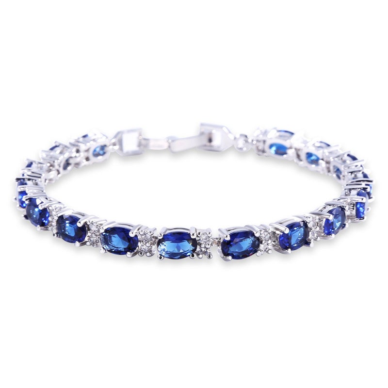 GULICX White Gold Electroplated Cubic Zirconia Blue Crystal Roman Tennis Bracelet Sapphire Color Link Chain - Image 1